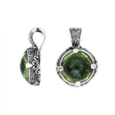 Sterling Silver Balinese Round Shape Green Amethyst Quartz Pendant With Carved Silver Frame